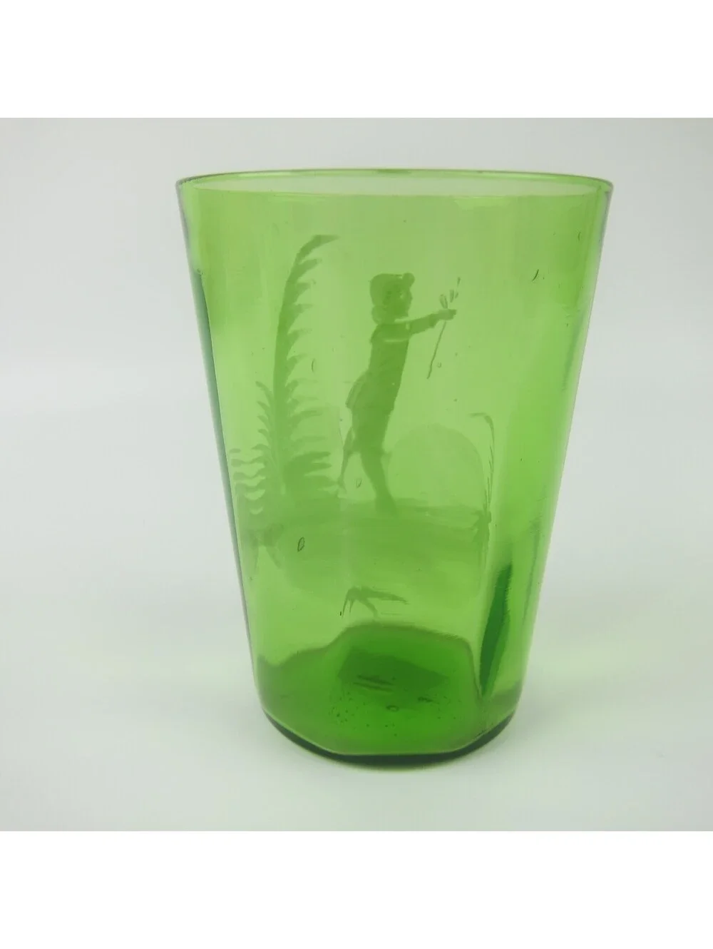 Antique Mary Gregory Green Drinking Glass Victorian Tumbler Boy Holding Flowers